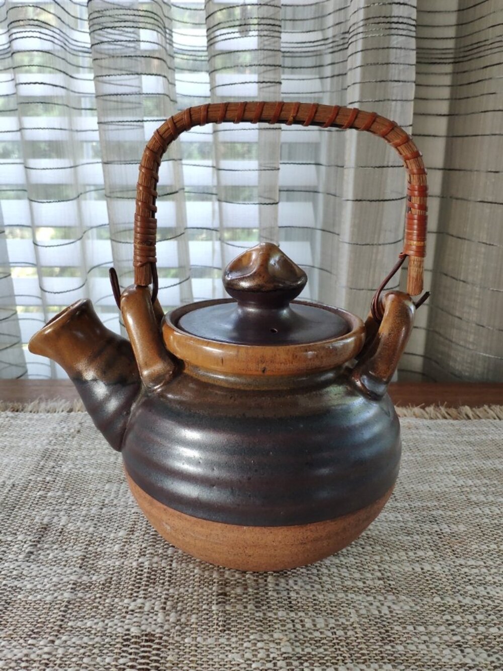 Vintage Hand Turned Art Pottery Teapot Kettle with Wicker Handle 9"
